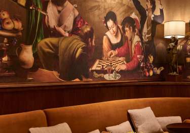 Banquette seating inside hotel .